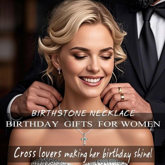 Cross Necklace for Women, Heart CZ Birthstone Pendant Necklace Crucifix, Birthda - Picture 2 of 7